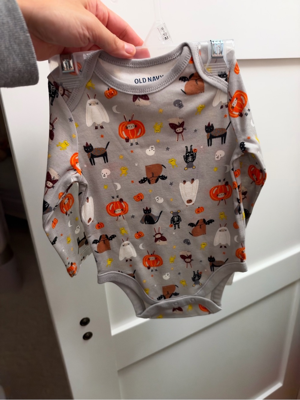Old Navy Gray Halloween Print Long-Sleeve Bodysuit with Orange and Black Accents